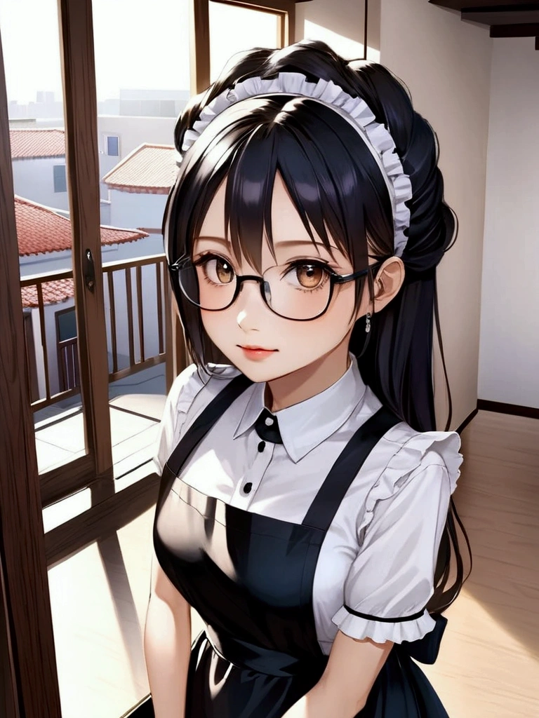 Top quality, high resolution, masterpiece, high resolution, textured skin, realism, detailed face, beautiful and very cute young woman (randomly selected race, hairstyle, hair length, hair color, with or without glasses) wearing shiny black knee-high socks, black strap shoes, black maid apron that goes up to the knees, white blouse with short sleeves and buttons and frills, and headband: 6), (full body), (woman standing and performing one of the following poses randomly, such as putting hands in pockets, placing hands on hips, lifting glasses with fingers (center or edge of glasses) if wearing glasses, clasping hands behind back, placing hands on knees, or other suitable poses: 5.5), (camera angles randomly determined from all angles centered on woman), (locations randomly selected from dining room, indoors, rooftop balcony, bedroom, indoor staircase, living room, indoor hallway, kitchen), (day, night, evening are randomly selected: 5.4), perfect hands, feet and body structure