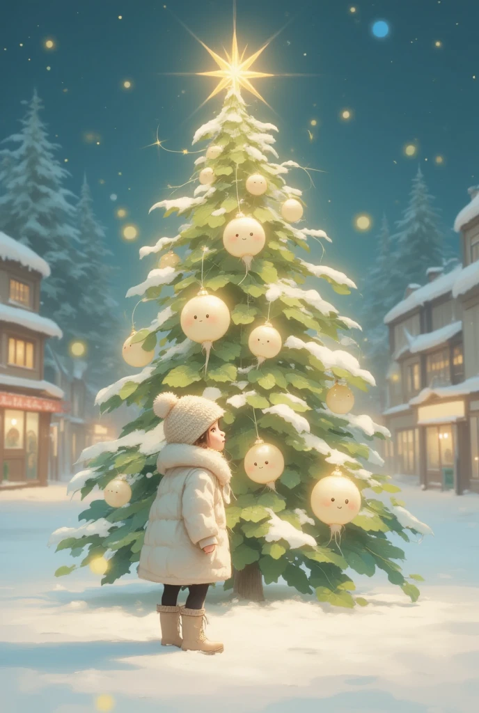 ((UHD, retina, masterpiece, high details, high quality, best quality,  highres icon)),  shining Christmas tree ,  shining gently ,  colorful and cute ornament, Daikon, Daikon, かわいいDaikonオーナメント, 輝くDaikon, Daikon電球, Daikonスター, (1girl who is happy in front of the tree , White coat,  wear a fluffy and warm seta , black tights,  lace-up boots,  yarn hat,  White Breathing Soars Up ),  city station square ,  Streetscapes with Neon Makeup ,  Shadows Coming and Going Shadows Snuggle Up, Scenery of Happiness , sweet winter paradise, story of joy