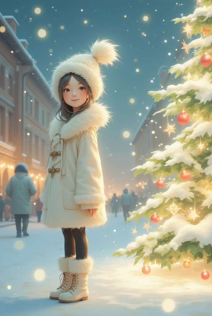 ((UHD, retina, masterpiece, high details, high quality, best quality,  highres icon)),  shining Christmas tree ,  shining gently ,  colorful and cute ornament, Daikon, Daikon, かわいいDaikonオーナメント, 輝くDaikon, Daikon電球, Daikonスター, (1girl who is happy in front of the tree , White coat,  wear a fluffy and warm seta , black tights,  lace-up boots,  yarn hat,  White Breathing Soars Up ),  city station square ,  Streetscapes with Neon Makeup ,  Shadows Coming and Going Shadows Snuggle Up, Scenery of Happiness , sweet winter paradise, story of joy