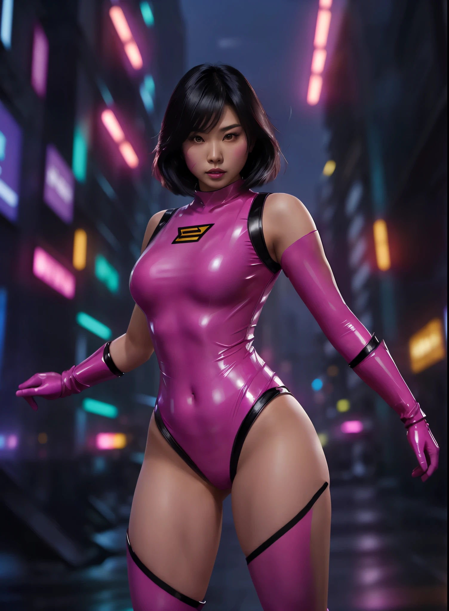 (solo) An asian female superhero with mid length black hair wearing a fuchsia latex costume. Tired pose and tired facial expression. Action pose. Apocalyptic background. Ultra realistic picture. 