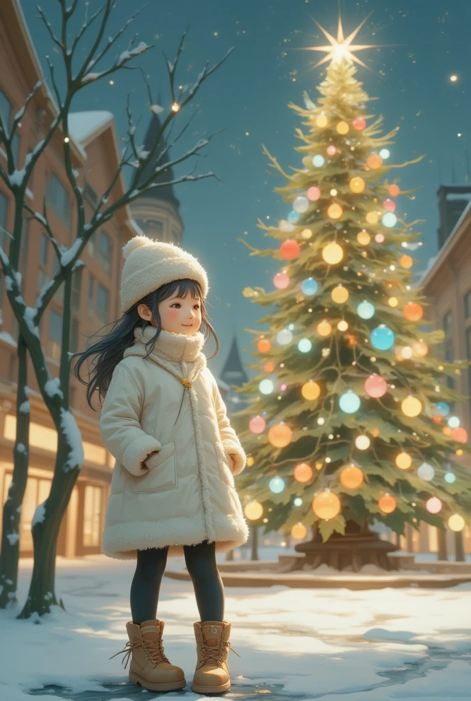 ((UHD, retina, masterpiece, high details, high quality, best quality,  highres icon)),  shining Christmas tree ,  shining gently ,  colorful and cute ornament, (colorful daikon, cute Daikon,  cute daikon ornament ,  shining daikon , daikon light bulb ,  daikon star ), (1girl who is happy in front of the tree , White coat,  wear a fluffy and warm seta , black tights,  lace-up boots,  yarn hat,  White Breathing Soars Up ),  city station square ,  Streetscapes with Neon Makeup ,  Shadows Coming and Going Shadows Snuggle Up, Scenery of Happiness , sweet winter paradise, story of joy