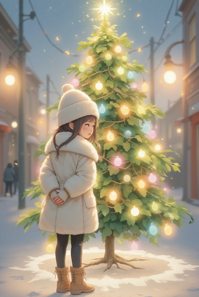 ((UHD, retina, masterpiece, high details, high quality, best quality,  highres icon)),  shining Christmas tree ,  shining gently ,  colorful and cute ornament, (colorful daikon, cute Daikon,  cute daikon ornament ,  shining daikon , daikon light bulb ,  daikon star ), (1girl who is happy in front of the tree , White coat,  wear a fluffy and warm seta , black tights,  lace-up boots,  yarn hat,  White Breathing Soars Up ),  city station square ,  Streetscapes with Neon Makeup ,  Shadows Coming and Going Shadows Snuggle Up, Scenery of Happiness , sweet winter paradise, story of joy