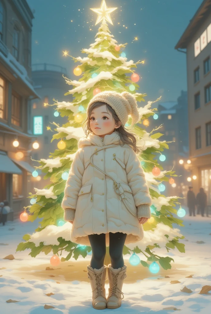 ((UHD, retina, masterpiece, high details, high quality, best quality,  highres icon)),  shining Christmas tree ,  shining gently ,  colorful and cute ornament, (colorful daikon, cute Daikon,  cute daikon ornament ,  shining daikon , daikon light bulb ,  daikon star ), (1girl who is happy in front of the tree , White coat,  wear a fluffy and warm seta , black tights,  lace-up boots,  yarn hat,  White Breathing Soars Up ),  city station square ,  Streetscapes with Neon Makeup ,  Shadows Coming and Going Shadows Snuggle Up, Scenery of Happiness , sweet winter paradise, story of joy