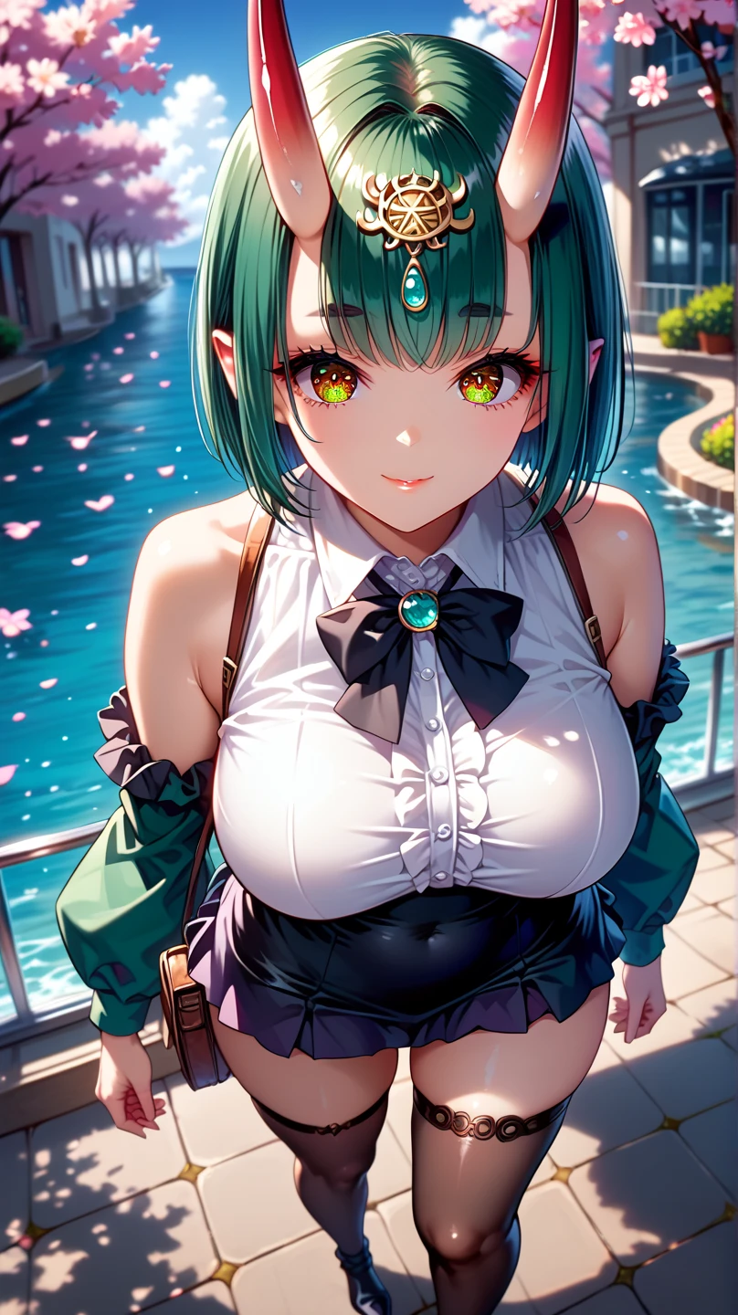 score_9,score_8_up,score_7_up, masterpiece, 1girl, solo, source_anime, scenery, (mature woman:1.3), (wide thighs), (wide hips), (detailed eyes, high definition eyes,high gradient eyes,eyesHD), (best quality:1.4), a close up of a woman with colorful hair, anime girl with cosmic hair, rossdraws pastel vibrant, artwork in the style of guweiz, fantasy art style, colorful, vibrant fantasy style, cosmic and colorful, guweiz, colorfull digital fantasy art, stunning art style, beautiful anime style, shiny, shiny skin, (beautiful female), (mature woman:1.3),beautiful face, clear face, Shiny hair, (green hair), (short hair), (bobcut), (brown eyes:1.2), concept art, professional anime, (big breasts:0.8), sidelocks, ahoge, (shuten_douji), short hair, oni horns, pointy ears, headpiece, view from above, standing, view from above, high heels, boots, black thighhighs, thigh strap, frilled skirt, purple skirt, blue detached sleeves, white shirt, sleeveless, blue bodice, hair bow, caldef