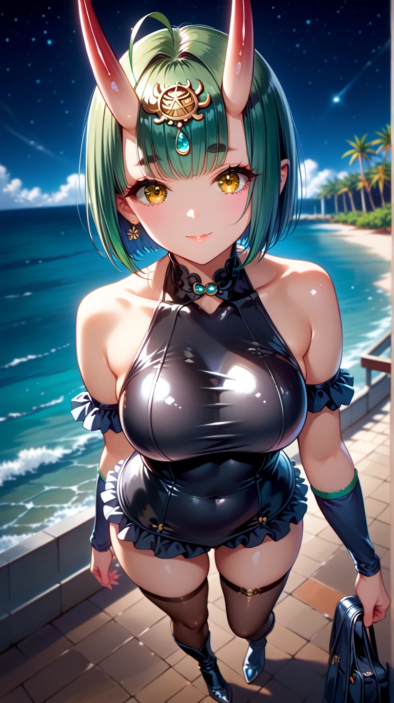 score_9,score_8_up,score_7_up, masterpiece, 1girl, solo, source_anime, scenery, (mature woman:1.3), (wide thighs), (wide hips), (detailed eyes, high definition eyes,high gradient eyes,eyesHD), (best quality:1.4), a close up of a woman with colorful hair, anime girl with cosmic hair, rossdraws pastel vibrant, artwork in the style of guweiz, fantasy art style, colorful, vibrant fantasy style, cosmic and colorful, guweiz, colorfull digital fantasy art, stunning art style, beautiful anime style, shiny, shiny skin, (beautiful female), (mature woman:1.3),beautiful face, clear face, Shiny hair, (green hair), (short hair), (bobcut), (brown eyes:1.2), concept art, professional anime, (big breasts:0.8), sidelocks, ahoge, (shuten_douji), short hair, oni horns, pointy ears, headpiece, view from above, standing, view from above, high heels, boots, black thighhighs, thigh strap, frilled skirt, purple skirt, blue detached sleeves, white shirt, sleeveless, blue bodice, hair bow, caldef