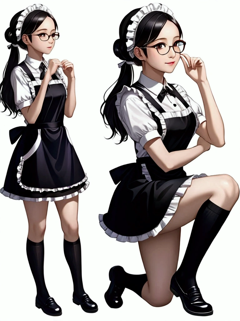 Top quality, high resolution, masterpiece, high resolution, textured skin, realism, detailed face, beautiful and very cute young woman (randomly selected race, hairstyle, hair length, hair color, with or without glasses) wearing shiny black knee-high socks, black strap shoes, black maid apron that goes up to the knees, white blouse with short sleeves and buttons and frills, and headband: 6), (full body), (woman standing and performing one of the following poses randomly, such as putting hands in pockets, placing hands on hips, lifting glasses with fingers (center or edge of glasses) if wearing glasses, clasping hands behind back, placing hands on knees, or other suitable poses: 5.5), (camera angles randomly determined from all angles centered on woman), (locations randomly selected from dining room, indoors, rooftop balcony, bedroom, indoor staircase, living room, indoor hallway, kitchen), (day, night, evening are randomly selected: 5.4), perfect hands, feet and body structure