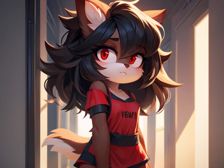 Cute furry girl, thick hair, detailed body, clothes, red eyes, white veins, modern art, best quality 