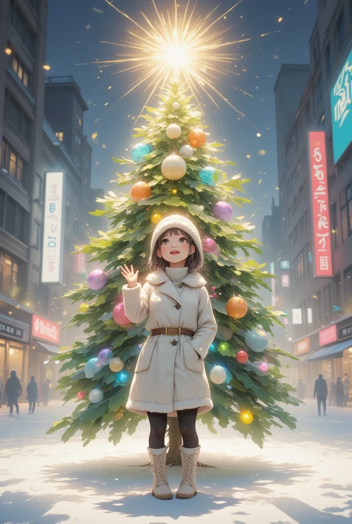 ((UHD, retina, masterpiece, high details, high quality, best quality,  highres icon)),  shining Christmas tree ,  shining gently ,  colorful and cute ornament, (colorful daikon, cute Daikon,  cute daikon ornament ,  shining daikon , daikon light bulb ,  daikon star ), (1 girl looking up at the tree 、 raising her hand and rejoicing, White coat,  wear a fluffy and warm seta , black tights,  lace-up boots,  yarn hat,  White Breathing Soars Up ),  city station square ,  Streetscapes with Neon Makeup ,  Shadows Coming and Going Shadows Snuggle Up, Scenery of Happiness , sweet winter paradise, story of joy