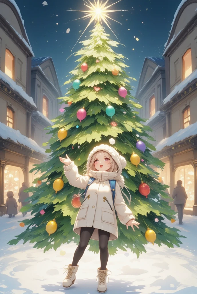 ((UHD, retina, masterpiece, high details, high quality, best quality,  highres icon)),  shining Christmas tree ,  shining gently ,  colorful and cute ornament, (colorful daikon, cute Daikon,  cute daikon ornament ,  shining daikon , daikon light bulb ,  daikon star ), (1 girl looking up at the tree 、 raising her hand and rejoicing, White coat,  wear a fluffy and warm seta , black tights,  lace-up boots,  yarn hat,  White Breathing Soars Up ),  city station square ,  Streetscapes with Neon Makeup ,  Shadows Coming and Going Shadows Snuggle Up, Scenery of Happiness , sweet winter paradise, story of joy