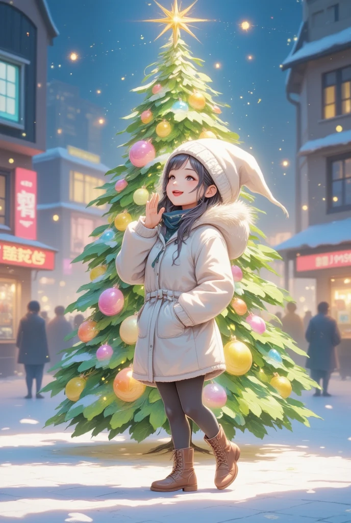 ((UHD, retina, masterpiece, high details, high quality, best quality,  highres icon)),  shining Christmas tree ,  shining gently ,  colorful and cute ornament, (colorful daikon, cute Daikon,  cute daikon ornament ,  shining daikon , daikon light bulb ,  daikon star ), (1 girl looking up at the tree 、 raising her hand and rejoicing, White coat,  wear a fluffy and warm seta , black tights,  lace-up boots,  yarn hat,  White Breathing Soars Up ),  city station square ,  Streetscapes with Neon Makeup ,  Shadows Coming and Going Shadows Snuggle Up, Scenery of Happiness , sweet winter paradise, story of joy