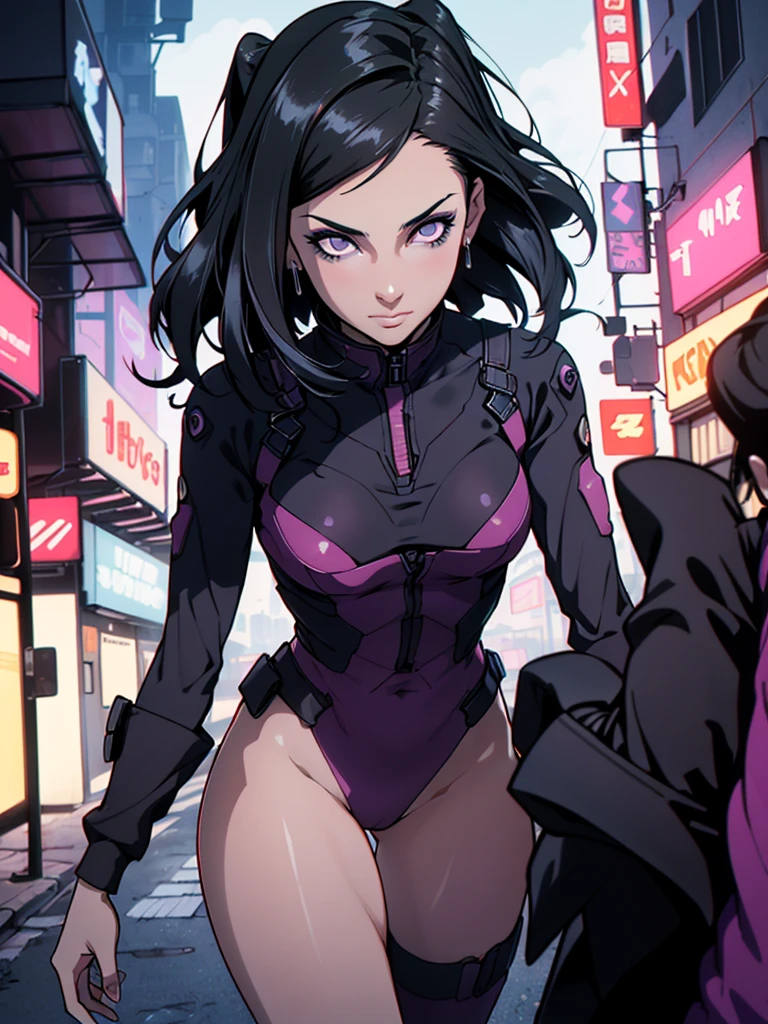 girl spacepunk,(((1girl))),((extremely cute and beautiful black haired anime girl walking down the street)),

(large breasts:1.4),saggy breasts,(((black wavy hair:1.35,absurdly long unkempt hair,messy hair,colored inner hair,ear breathing))),((purple eyes:1.3,upturned eyes:1.3,perfect eyes,beautiful detailed eyes,rainbow glows ultra-detailed deep pink purple eyes:1.1,gradient eyes:1,finely detailed beautiful eyes:1,symmetrical eyes:1,big highlight on eyes:1.2)),((fat)),(((lustrous skin:1.5,bright skin: 1.5,skin tanned,shiny skin,very shiny skin,shiny body,plastic glitter skin,exaggerated shiny skin))),(spider lower abdomen,narrow waist,wide hip,athletic body,inflated legs,delicate detailed fingers,detailed body,detailed arms,human hands,(detailed face)),

cute,slutty,seductive,erotic,(((nsfw))),

zettai ryouiki,revealing clothing,show skin,(wearing a mechanical space body armor:1.3,micro bikini,bare legs),with micro clothes,almost totally naked,with little clothing,tiny thong,generous neckline,(detailed outfit,detailed clothes),

(dynamic pose:1.0),solo focus,embarrassed,centered,scale to fit dimensions,Rule of thirds,

outdoors,((night view)),(very pretty city neon synthwave,cyberpunk night street Background:1.5,dark sky,thick clouds),future vehicles,((neon lights)),thick clouds,(cyberpunk style,neon lights, (synthwave theme background),  street),(((detailed background:1.25))),
(Isometric: 1.0),double exposure,(masterpiece,best quality:1.3),(highres:1.5),absurdres,ultra detailed,cinematic light,realistic,ultra-realistic,high contrast,extraordinarily nice,vibrant colors,(intricate),HDR (High Dynamic Range),Ray Tracing,NVIDIA RTX,Super-Resolution,Unreal 5,Subsurface dispersion,PBR texture,Post-processing,Anisotropic filtering,Depth of field,Maximum clarity and sharpness,Multilayer textures,Albedo and specular maps,Surface shading,Accurate simulation of light-material interaction,Octane Render,Two-tone lighting,Wide aperture,Low ISO,White balance,8K RAW,