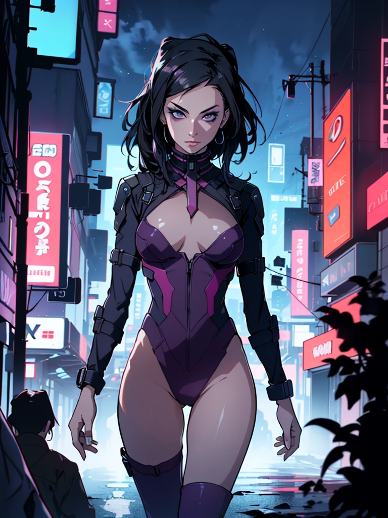 girl spacepunk,(((1girl))),((extremely cute and beautiful black haired anime girl walking down the street)),

(large breasts:1.4),saggy breasts,(((black wavy hair:1.35,absurdly long unkempt hair,messy hair,colored inner hair,ear breathing))),((purple eyes:1.3,upturned eyes:1.3,perfect eyes,beautiful detailed eyes,rainbow glows ultra-detailed deep pink purple eyes:1.1,gradient eyes:1,finely detailed beautiful eyes:1,symmetrical eyes:1,big highlight on eyes:1.2)),((fat)),(((lustrous skin:1.5,bright skin: 1.5,skin tanned,shiny skin,very shiny skin,shiny body,plastic glitter skin,exaggerated shiny skin))),(spider lower abdomen,narrow waist,wide hip,athletic body,inflated legs,delicate detailed fingers,detailed body,detailed arms,human hands,(detailed face)),

cute,slutty,seductive,erotic,(((nsfw))),

zettai ryouiki,revealing clothing,show skin,(wearing a mechanical space body armor:1.3,micro bikini,bare legs),with micro clothes,almost totally naked,with little clothing,tiny thong,generous neckline,(detailed outfit,detailed clothes),

(dynamic pose:1.0),solo focus,embarrassed,centered,scale to fit dimensions,Rule of thirds,

outdoors,((night view)),(very pretty city neon synthwave,cyberpunk night street Background:1.5,dark sky,thick clouds),future vehicles,((neon lights)),thick clouds,(cyberpunk style,neon lights, (synthwave theme background),  street),(((detailed background:1.25))),
(Isometric: 1.0),double exposure,(masterpiece,best quality:1.3),(highres:1.5),absurdres,ultra detailed,cinematic light,realistic,ultra-realistic,high contrast,extraordinarily nice,vibrant colors,(intricate),HDR (High Dynamic Range),Ray Tracing,NVIDIA RTX,Super-Resolution,Unreal 5,Subsurface dispersion,PBR texture,Post-processing,Anisotropic filtering,Depth of field,Maximum clarity and sharpness,Multilayer textures,Albedo and specular maps,Surface shading,Accurate simulation of light-material interaction,Octane Render,Two-tone lighting,Wide aperture,Low ISO,White balance,8K RAW,