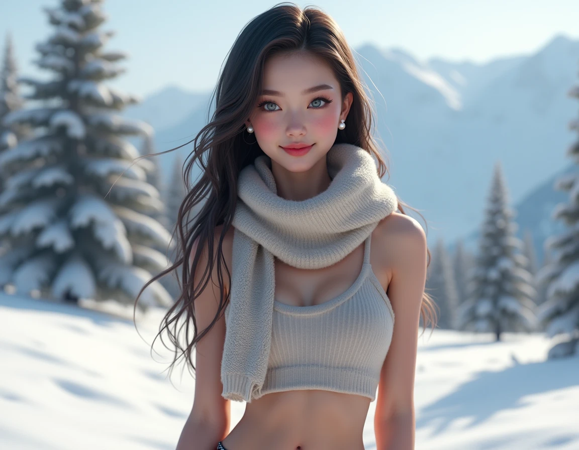 (closeup shot:1.4)、(Raw-Photo:1.2)、(Photorealcitic:1.4)、(masterpiece:1.3)、(Top Quality:1.4)、dream-like、(Detailed eyes)、(Detailed facial features)、(detailed clothing features)、clear skin、(shinny skin)、(Slender and Beautiful Girl)、(Beautiful bridge lines)、one girls、(FULL BODYSHOT)、solo、cute little、Happy smiling face、(tits huge)、beauty breast、bangss、Short bob、A darK-haired、black eyes、Long scarf、White wool sweater、off-the-shoulders、mini-skirt、Black thick pantyhose、Snow boots、I can see the panties、indecency、Erotic、