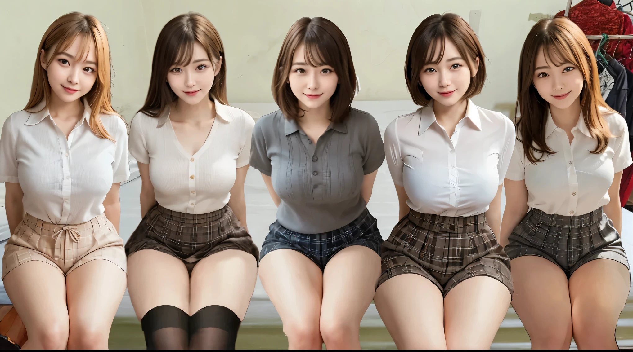 3 mature women, gigantic breasts, microskirt, cropped tops, underboob, fullbody shot, sitting on bench, spreading tights, leg apart, front view from below