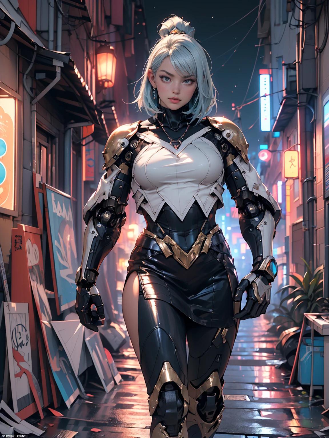 reelmech, maid android,(((1girl))),((anime mechanical robot girl with extremely cute and beautiful pale blue hair hair walking seductively down the street)),

(large breasts:1.4), pale blue long hair. colored inner hair, (dark blue iris, black sclera, pale white skin, mechanical clawed hands, silver armored dress, chemical vials,(((lustrous skin:1.5,bright skin: 1.5,skin tanned,shiny skin,very shiny skin,shiny body,plastic glitter skin,exaggerated shiny skin))),narrow waist,wide hip,athletic body,elicate detailed fingers,detailed body,detailed arms,human hands, detailed hands),

cute,slutty,seductive,erotic,

bare_shoulders, delicate metal decorations, bunny Headdress, sleeveless, miniskirt, boots, cleavage_cutout, bare_legs,(detailed outfit,detailed clothes),

(dynamic pose:1.0),solo focus,centered,scale to fit dimensions,Rule of thirds,

outdoors, ((night view)), (cyberpunk night street Background: 1.5,dark sky,alleyway, alley,thick clouds, detailed background:1.25),

(best quality), (high resolution), (sharp focus), (ultra detailed), (extremely detailed), (extremely high quality artwork), 