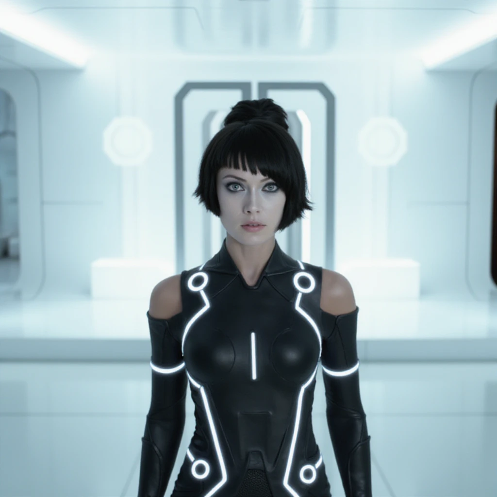 tr0nl3g4cy, photo of a woman with bangs wearing a black neon bodysuit standing in a white futuristic room