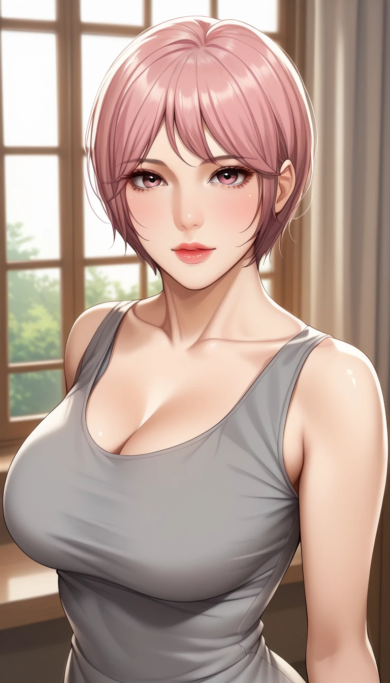 (masterpiece, best_quality:1.2), 1girl, solo, mature female, pink hair, short hair, (housewife:1.5, short grey tank top dress), beautiful eyes, female focus, looking at viewer, large breast, wide hips, ((above view)) ((close up shot)) ((solo)) detailed, very high resolution, no blurry image, (cowboy shot), standing, beautiful, elegant, serene expression, intricate details, detailed background, bedroom