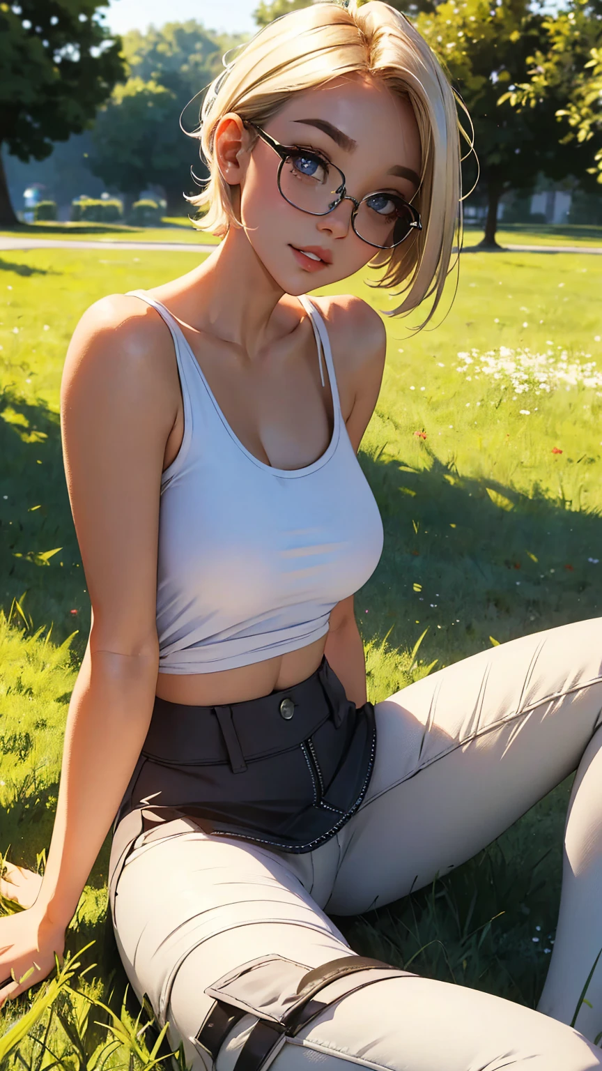 sitting on the grass,  open legs , masterpiece, It's huge. Beautifully detailed eyes,,  short blonde hair , gradient hair,  pink reflections in her hair,  Big Tits, Standing, make-up,  shiny lips,  full lips, ( natural lighting ), Grass, small cap ,  Light smile, Diafragma, clavicle,  high stockings , mini skirt, neckline, young woman posing sitting with legs up open, sexy, , short hair, small waist,  perfect slender body , tight cargo pants and white top, posing sexy, sexy,  Beautiful girl ,  Very large breasts, white top and pants tight cargo, glasses