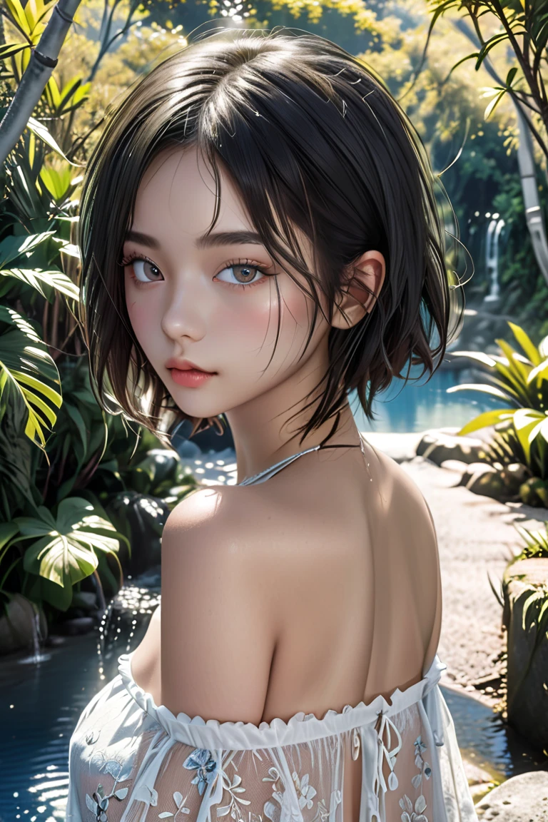 A Asian teenage model of rare beauty, lightly tanned white skin, short blackest hair with a bob cut, small breasts, distracted gray açaí eyes, delicate and long hands. She wears a white blue negligee. She poses backside snubing beautiful ass along a narrow path under trees in the Atlantic Forest, surrounded by beautiful tropical gardens; a fountain with a jet; natural backlighting. 
Color photograph with Canon EOS R6 Mark II Camera, 55 mm, ISO 100,400, 4K. From below view, depth of field, backlightin 