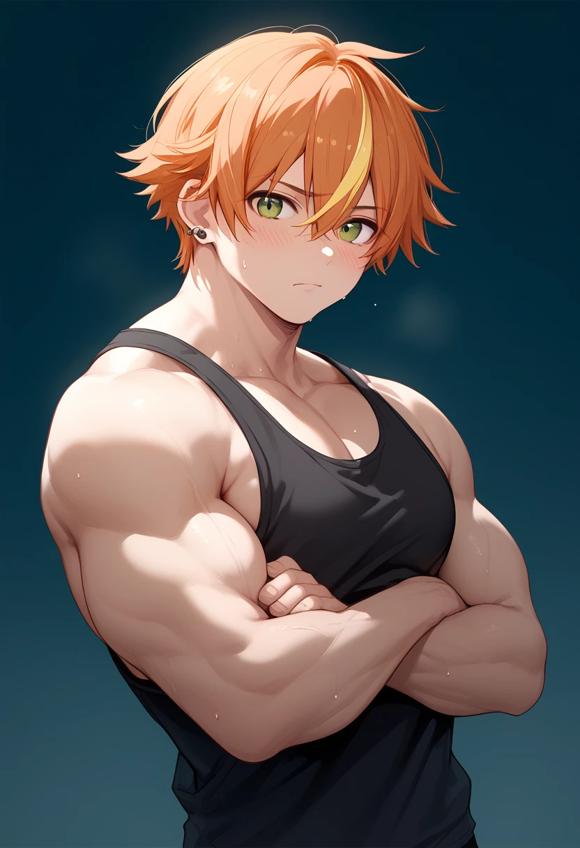 1boy, shinonome_akito, orange hair, yellow streaked hair, yellow hair, green eyes, 1 ear piercing, short hair, hair between eyes, bangs, clavicle, bare shoulder, black tank top, muscular, blushed, sweating, pecs shot, arms crossed, looking at viewer , Big pecs