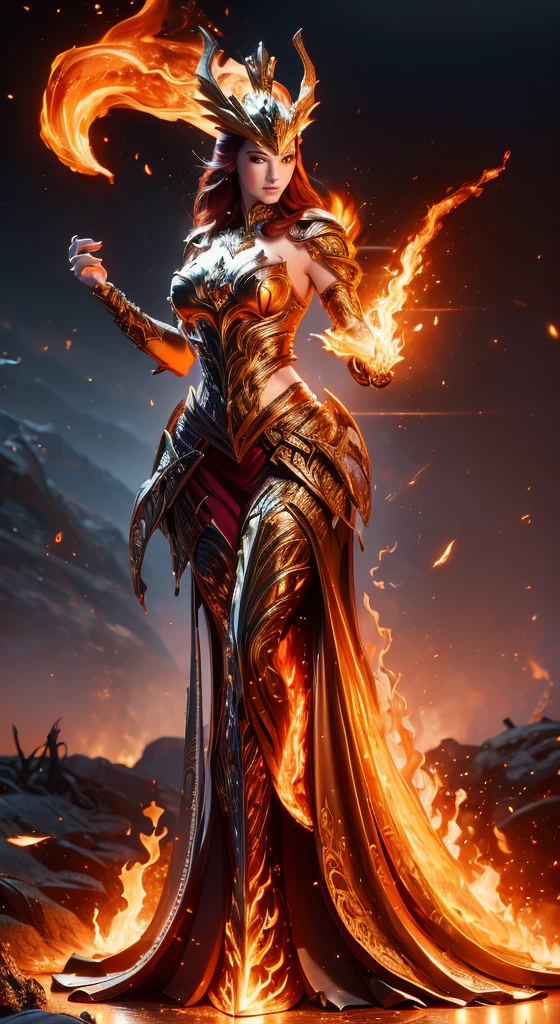 a Busty woman with red hair and a red dress is standing in front of a dark background, beautiful elegant queen, goddess of fire, 4k fantasy art, fantasy woman, lady in red armor, epic fantasy art style hd, the fire queen, inspired by Magali Villeneuve, detailed fantasy art, redhead queen in heavy red armor, queen with a close up of a spear with a fire on it, intricate fantasy spear, fire staff, epic fantasy weapon art, dragon staff, draconic staff, glowing draconic staff, fantasy rpg weapon art, realistic lance, wizard magic staff, magic wooden staff, warcraft blizzard weapon art, magic staff, fantasy weapon, wooden staff, weapon concept art, flaming sword gothic fantasy art, hd fantasy art, artgerm detailed, anime goddess, extremely detailed artgerm, appears as the fire goddess, style of artgerm, shadowverse style, concept art | artgerm, style artgerm, rossdraws sakimimichan, artgerm style, artgerm. high detail