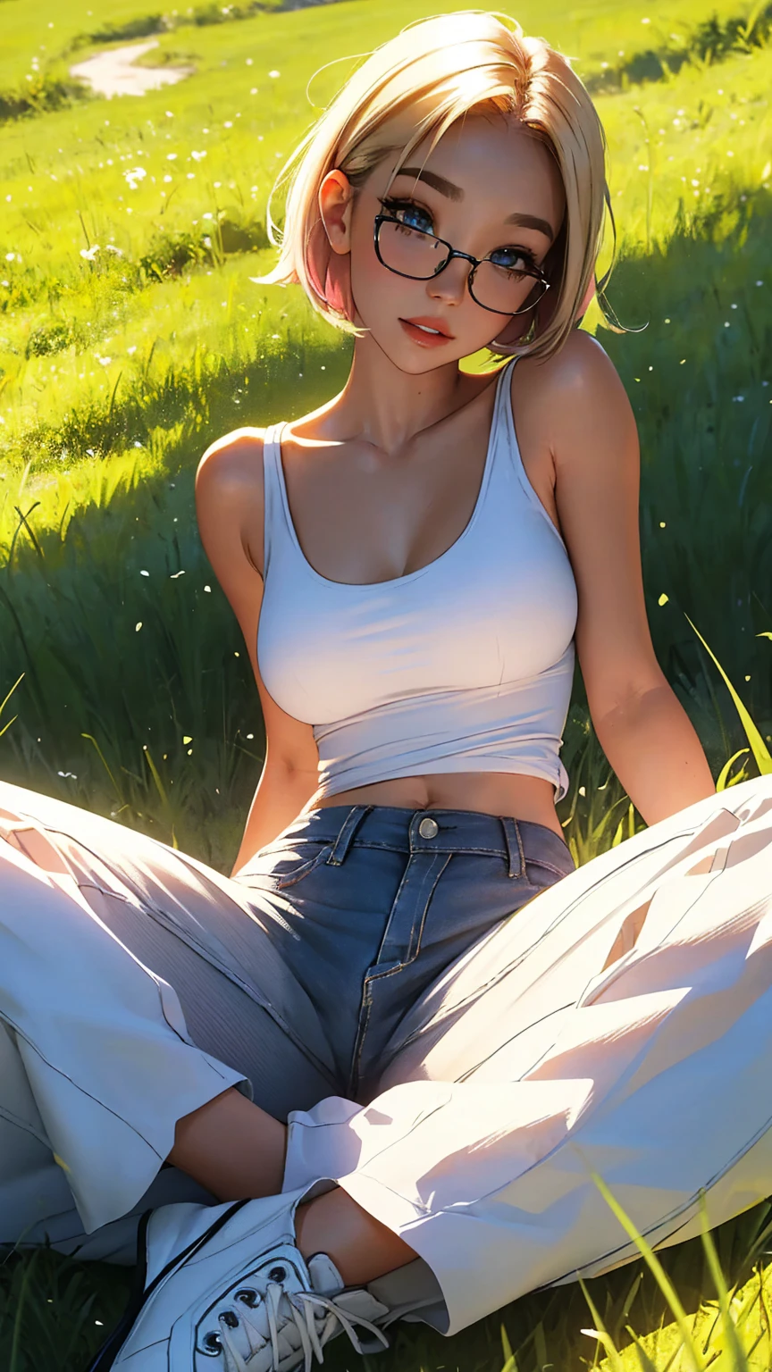 sitting on the grass,  open legs , masterpiece, It's huge. Beautifully detailed eyes,,  short blonde hair , gradient hair,  pink reflections in her hair,  Big Tits, Standing, make-up,  shiny lips,  full lips, ( natural lighting ), Grass, small cap ,  Light smile, Diafragma, clavicle, , neckline, young woman posing sitting with legs up open, sexy, , short hair, small waist,  perfect slender body , tight cargo pants and white top, posing sexy, sexy,  Beautiful girl ,  Very large breasts, white top and pants tight cargo, glasses