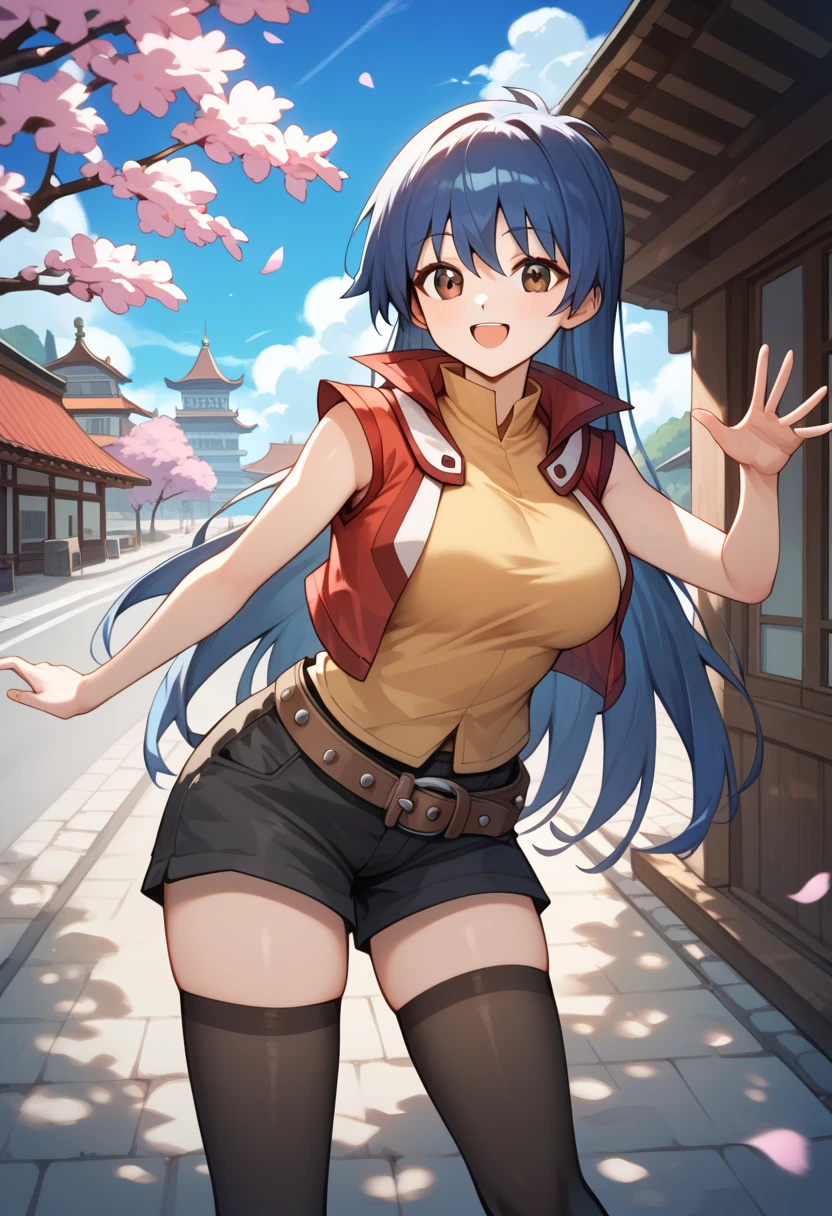  long hair,  blue hair,  brown eyes, Big Breasts ,  colored shirt ,  yellow shirt,  red jacket,  sleeveless, belt,  black shorts, black thighhighs,   Girl Turned to Stone by Magic  ,  lean forward ,  Standing ,  outdoor,  open mouth, cherry blossoms, smile, city, road,