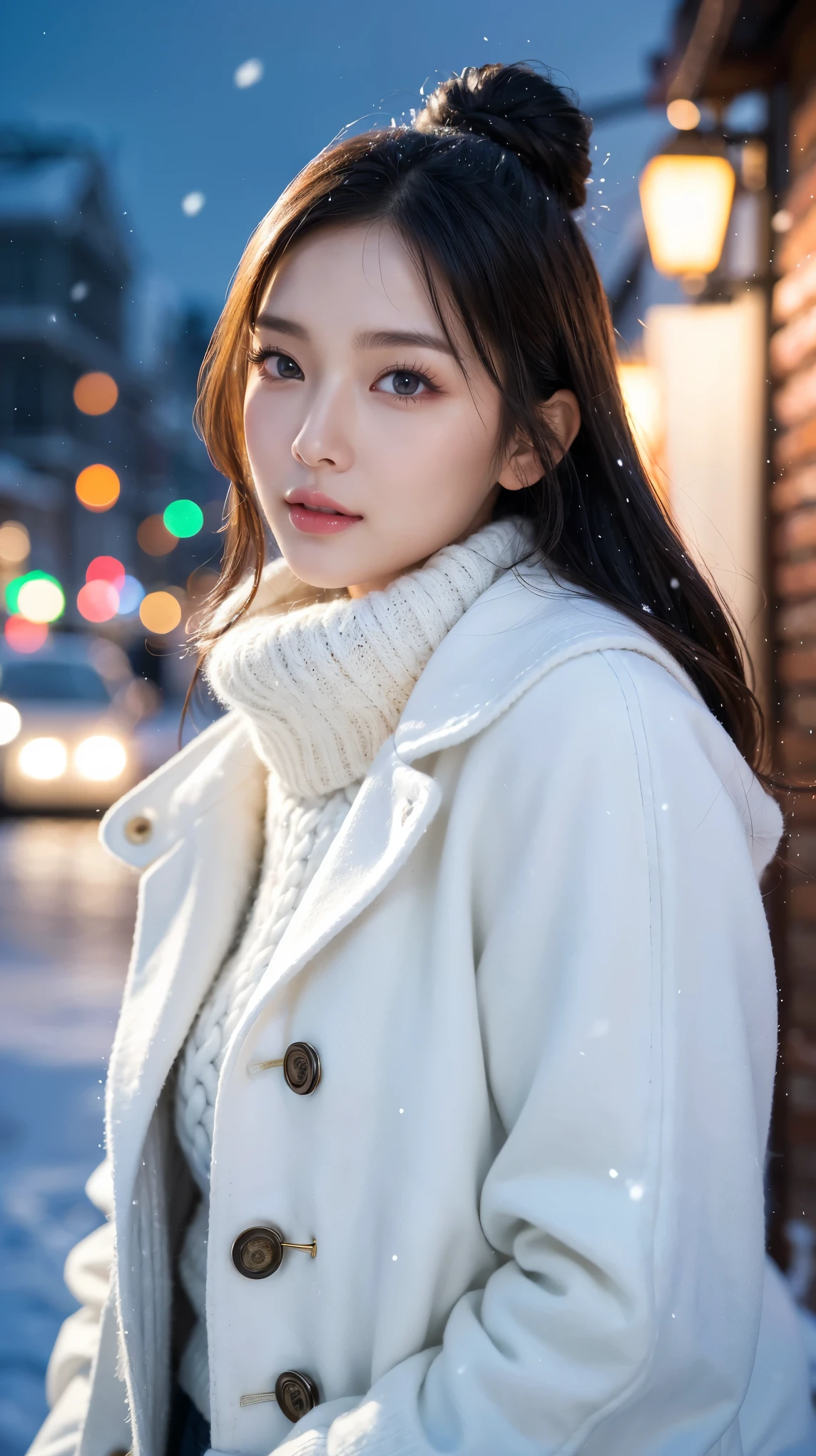( top quality、 table top in front of you、8k、 Max Image、 Award-winning works )、Beautiful female idol、(Alone:1.1)、((white high neck cable knit and white long coat:1.1))、((Night intersection)) , (( The most beautiful but slightly lonely staring at the sky ))、(The camera is high angle), Completely-valid、 has long eyelashes、Ultra HD Shining Eyes、 ultra HD hair、 super high resolution glossy lips 、 super high resolution perfect teeth 、 beautiful ultra-high definition face 、( accurate anatomy:1.1)、( Very bright and beautiful skin :1.2)、(Very bright and vivid:1.2)、( It's snowing softly )