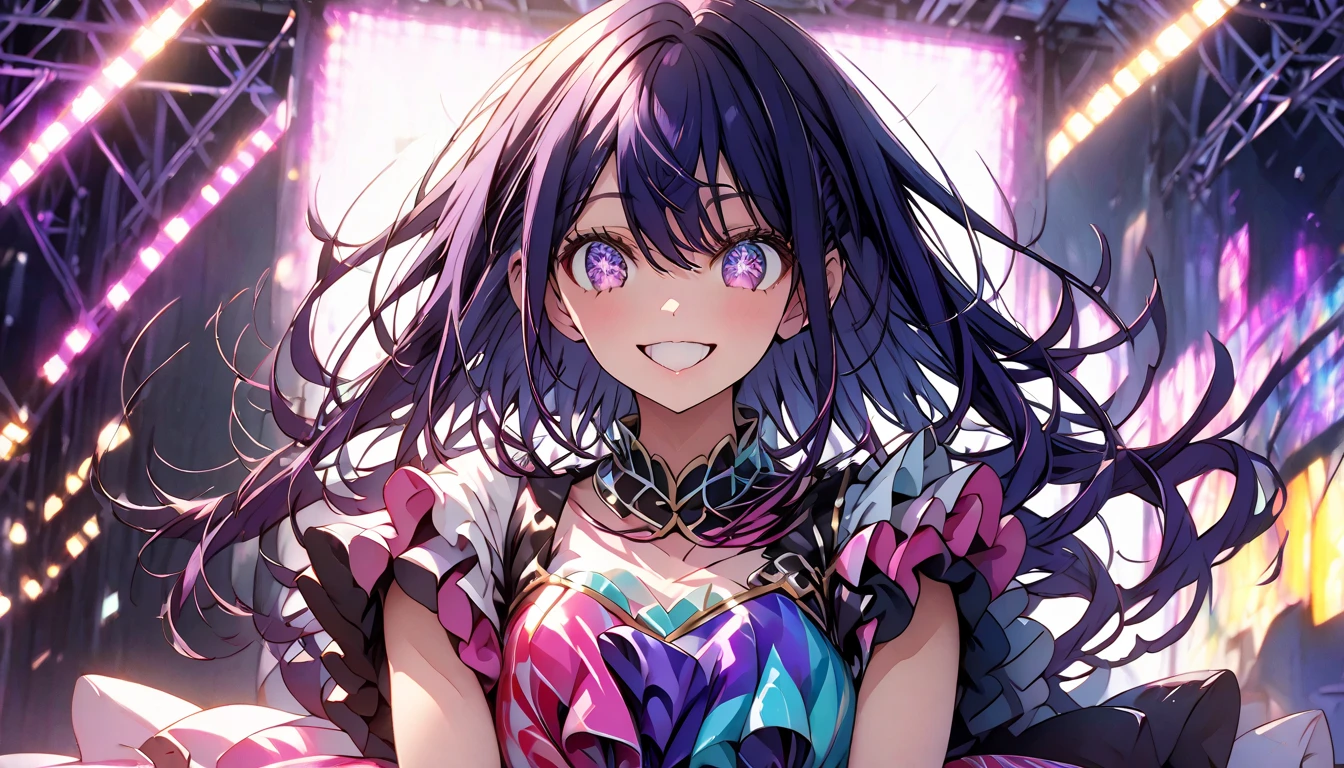 (masterpiece), best quality, expressive eyes, perfect face, Create an image of a young girl with long, dark purple hair and bright, starry eyes. She wears a stylish idol outfit consisting of a colorful dress with a frilly skirt, stockings, and fashionable shoes. The setting should be a concert stage with vibrant lights and an enthusiastic audience in the background. She should be posing confidently, showcasing her energetic, happy, smiling and charismatic personality.