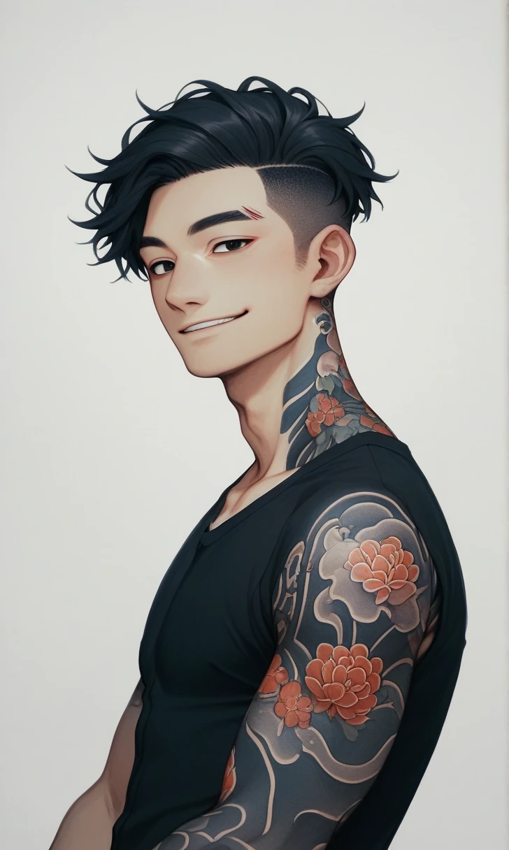 score_9, score_8_up, score_7_up, r1s0, 1boy, Asian boy, gentle smile, black eyes, black t-shirt, whole body tattoo, traditional japanese tattoo, detail face, black hair, charming boy, undercut hairstyle