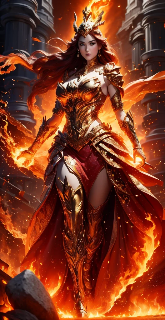 a Busty woman with red hair and a red dress is standing in front of a dark background, beautiful elegant queen, goddess of fire, 4k fantasy art, fantasy woman, lady in red armor, epic fantasy art style hd, the fire queen, inspired by Magali Villeneuve, detailed fantasy art, redhead queen in heavy red armor, queen with a close up of a spear with a fire on it, intricate fantasy spear, fire staff, epic fantasy weapon art, dragon staff, draconic staff, glowing draconic staff, fantasy rpg weapon art, realistic lance, wizard magic staff, magic wooden staff, warcraft blizzard weapon art, magic staff, fantasy weapon, wooden staff, weapon concept art, flaming sword gothic fantasy art, hd fantasy art, artgerm detailed, anime goddess, extremely detailed artgerm, appears as the fire goddess, style of artgerm, shadowverse style, concept art | artgerm, style artgerm, rossdraws sakimimichan, artgerm style, artgerm. high detail