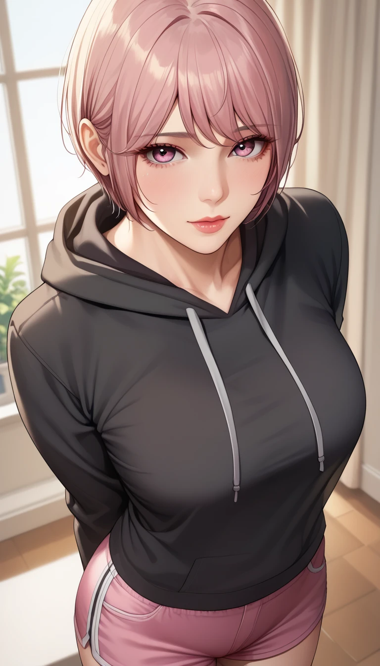 (masterpiece, best_quality:1.2), 1girl, solo, mature female, short hair, bangs, (black hoodie, pink shorts), beautiful eyes, female focus, looking at viewer, ((above view)) ((close up shot)) ((solo)) detailed, very high resolution, no blurry image, (cowboy shot), standing, beautiful, elegant, serene expression, intricate details, detailed background, bedroom