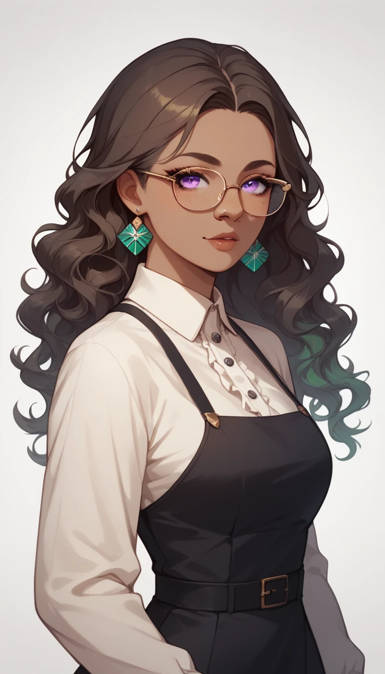 a 19 year old woman, Brown skin/king, Long wavy hair, with soft wave tips , dark brown hair: lock of green hair tips, light purple eyes,  long lashes,  small freckles on her nose and cheeks .  She wears black-rimmed glasses and is wearing a long black and white dress,  along with a beige overcoat .