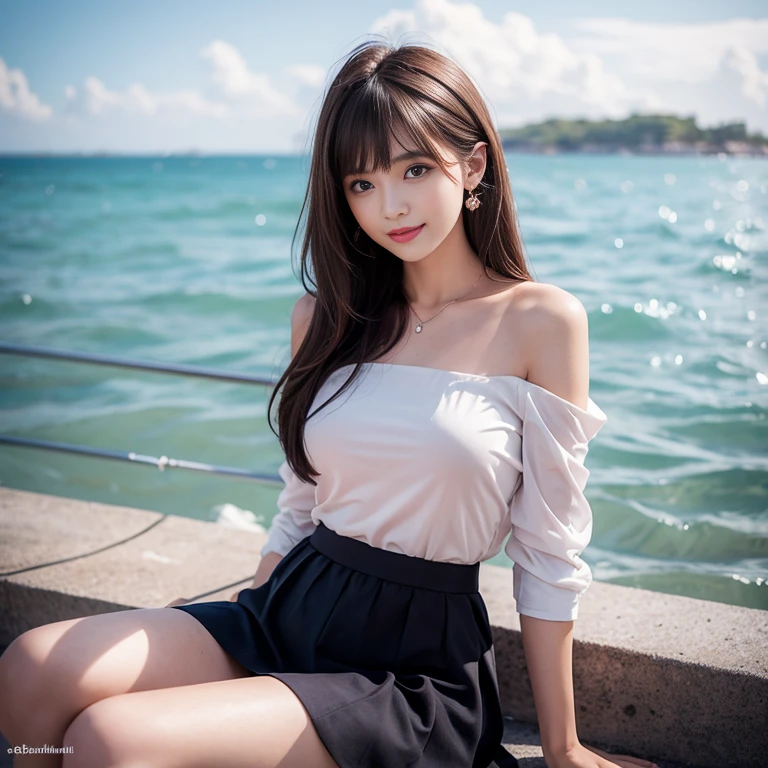 Coastal beauty, 1girl, (bright eyes, sun-kissed skin, carefree expression), beach background, lighthouse, soft sea breeze, playful pose, dynamic composition, golden hour lighting, blurred background, rich colors, fine details, surreal, 50mm lens, relaxing atmosphere. Portrait photography, 35mm film, natural blur, (upper body white wrapped chest, lower body long skirt), underage girl, good fingers, smile, full body, slender legs, young girl body proportions