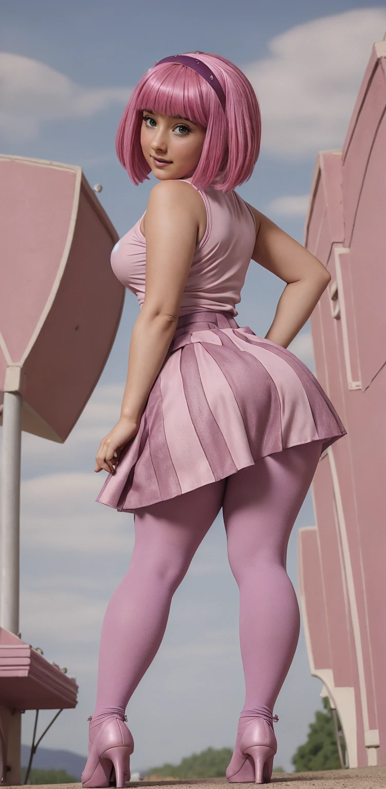 (((Girl ))) ,(sexy girl), short purple minskirt and lace stockings, Stephanie from lazy town high quality ,pinkies Hair,((skirtlift)), (curvy, deep cleavage), big breasts, high quality, (is), from behind, high heels, full view , full body shot, full shot, purple stockings, thick thighs, RAW 