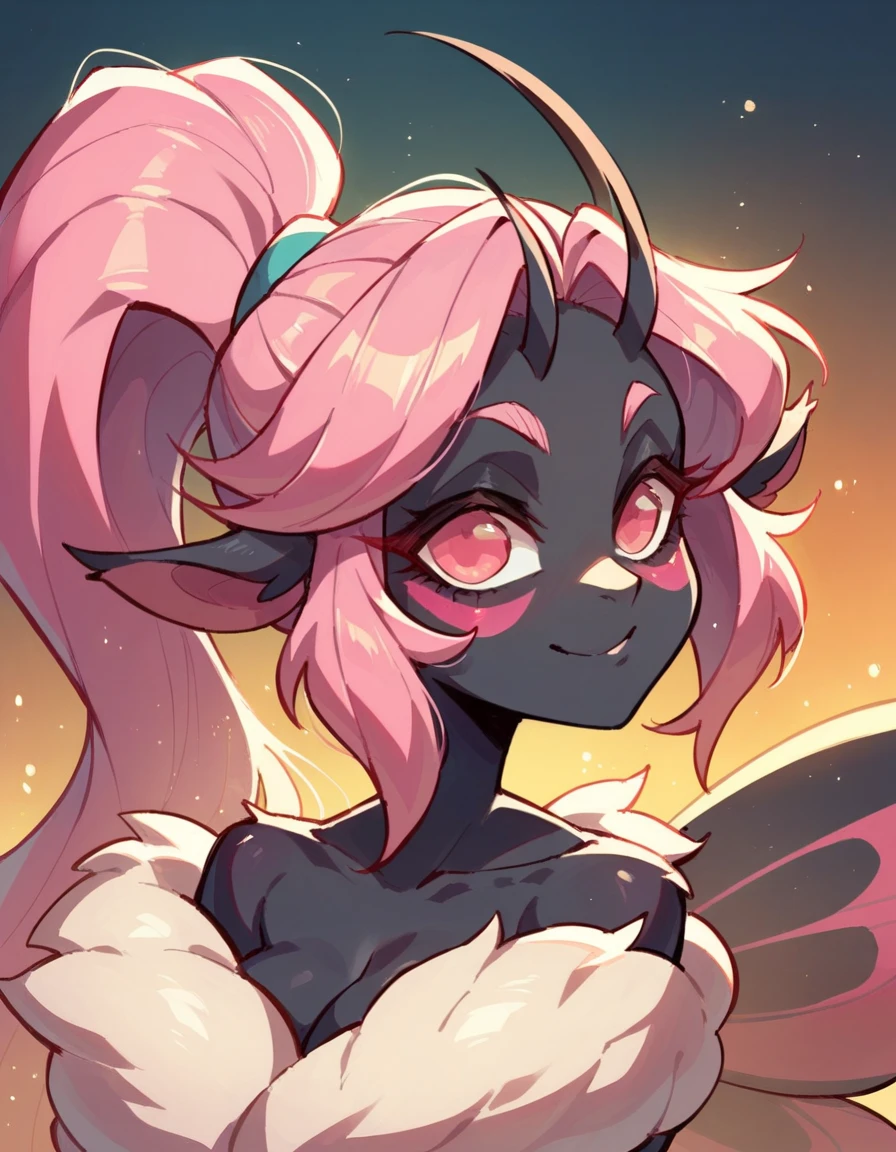 Cute art style fiery background skin perfect eyes no imperfections vivziepop art style female moth demon moth wings moth antennae moth fluff sexy cartoon art style black fur moth eyes black fluff hot pink hair in ponytail buglike eyes