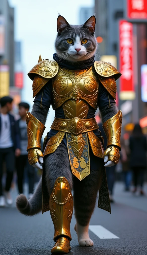 "A realistic gray and white bicolor cat with a distinctive 'Hachiwari' pattern, standing upright on its hind legs while wearing golden armor inspired by Aquarius Camus from Saint Seiya. The armor is intricately detailed, with shiny metallic elements that reflect the neon lights of Tokyo's bustling streets. The cat walks confidently and gracefully through the vibrant urban setting, surrounded by glowing signs, tall buildings, and crowds of pedestrians. The golden armor gleams brilliantly, blending fantasy and reality in this dynamic, highly realistic scene."