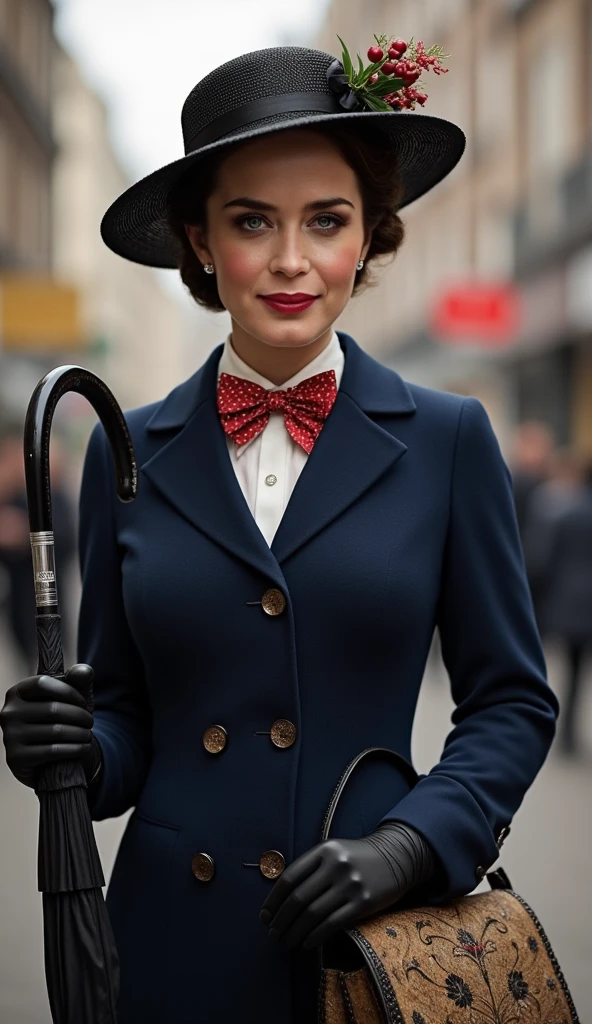 Create a realistic depiction of Emily Blunt as Mary Poppins. She is wearing a tailored navy-blue coat with a fitted waist and flared hem, buttoned neatly over a crisp white blouse with a red and white polka-dot bow tie at the collar. She holds a black umbrella with a parrot-shaped handle in one hand and an intricately patterned vintage carpet bag in muted tones in the other. Her short, wavy brunette hair is styled neatly beneath a black straw boater hat adorned with a small red flower and delicate berries. Her makeup is classic, with rosy cheeks and soft red lipstick, complementing her warm, refined look. The background is an Edwardian London street scene, softly lit to evoke a magical and nostalgic atmosphere



