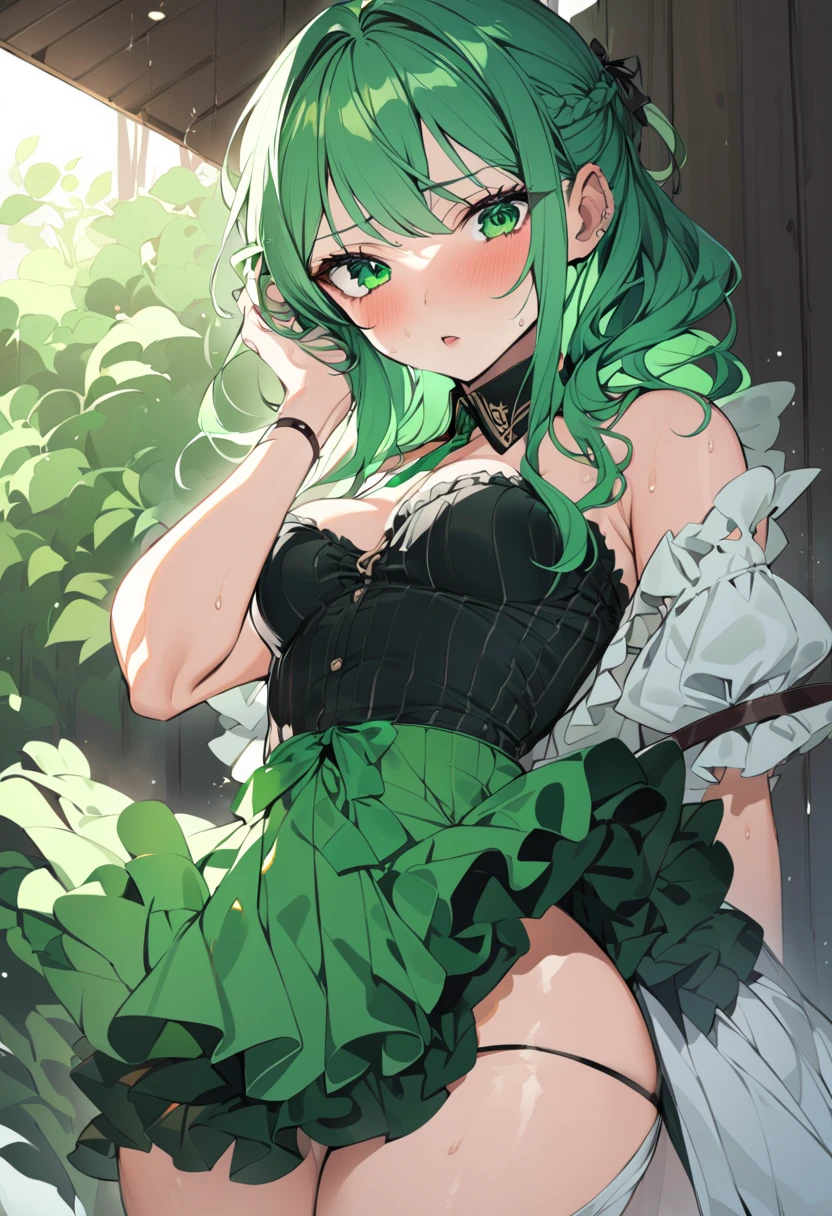 high quality 1girl, koishi,green hair,short cut,green eyes, small breasts,nude,naked,show off pussy spread legs spread legs on nsfw pussy pussy juice dildo from below pussy focus close up no clothes