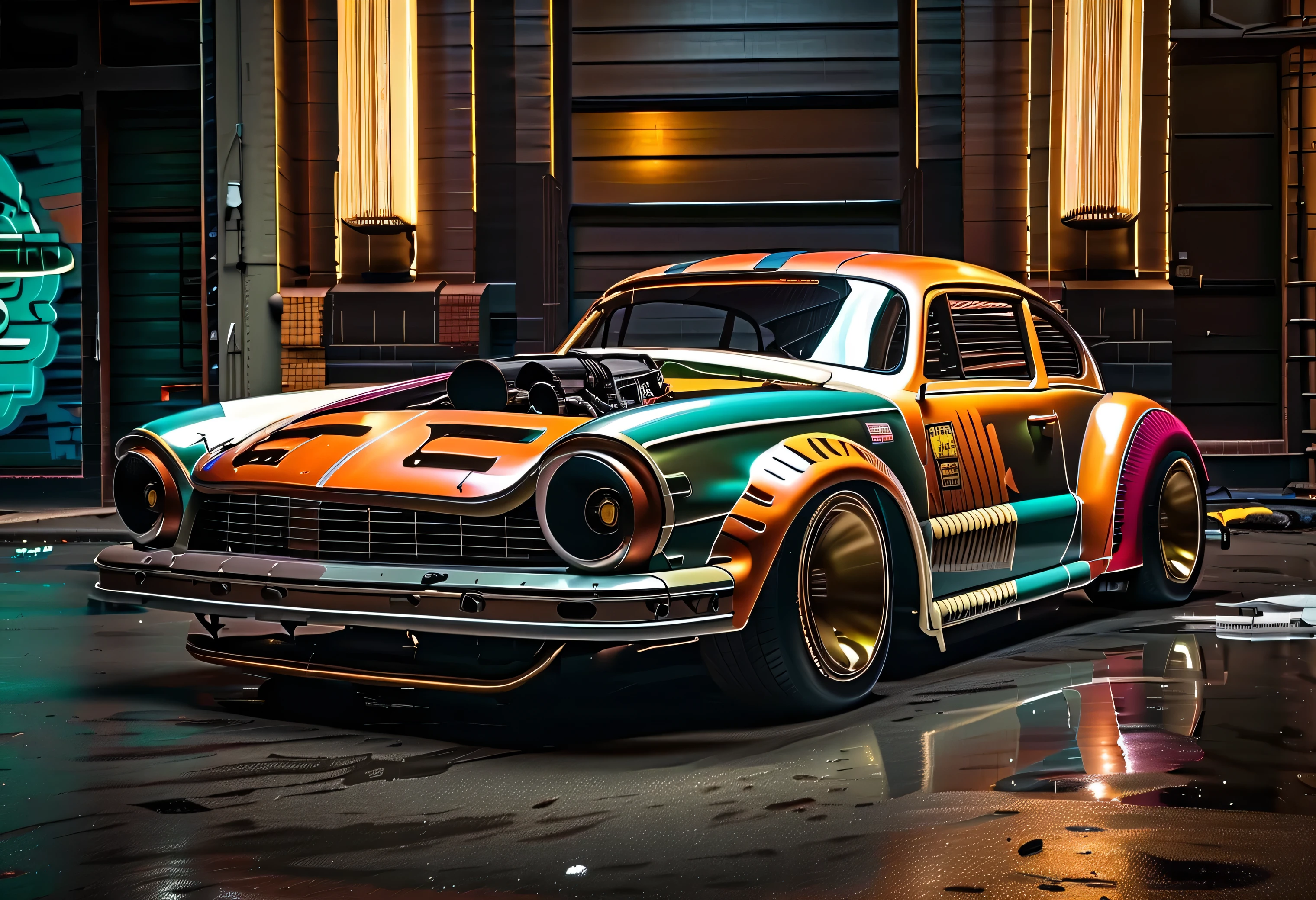 ((best quality, 4k, highres, masterpiece:1.2)), race muscle car "new beetle", ruins, sci-fi, futuristic, cinematic lighting, chiaroscuro, ray tracing, highly detailed, high-quality, mirai, color contrast, atmospheric, dystopian, urban, vibrant colors, shattered glass, dramatic shadows, decaying buildings, futuristic technology, dynamic composition, motion blur, urban decay, dynamic perspective, immersive atmosphere, post-apocalyptic, abandoned, reflections, moody, intense, mystery, advanced design, sleek lines, (powerful engine, speed, danger, adrenaline rush)