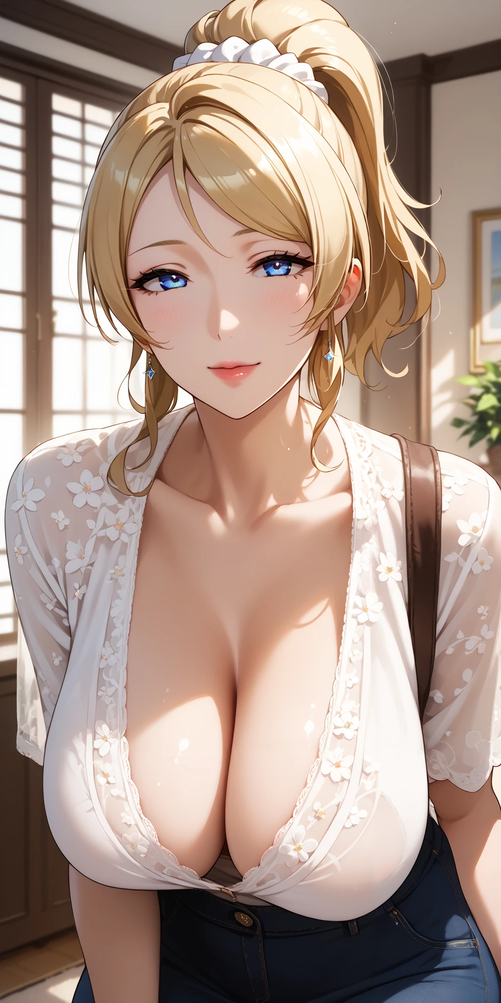 Score_9, Score_8_up, Score_7_up, Source_anime, anime art, anime style, very aesthetic, masterpiece, high quality, 1girl, seductive mature woman, milf, housewife, sagging breasts, large breasts, breasts apart, curvaceous, lovelive_eli, blonde hair, swept bangs, ponytail, white scrunchie, blue eyes, home, aesthetic background, casual housewife wear