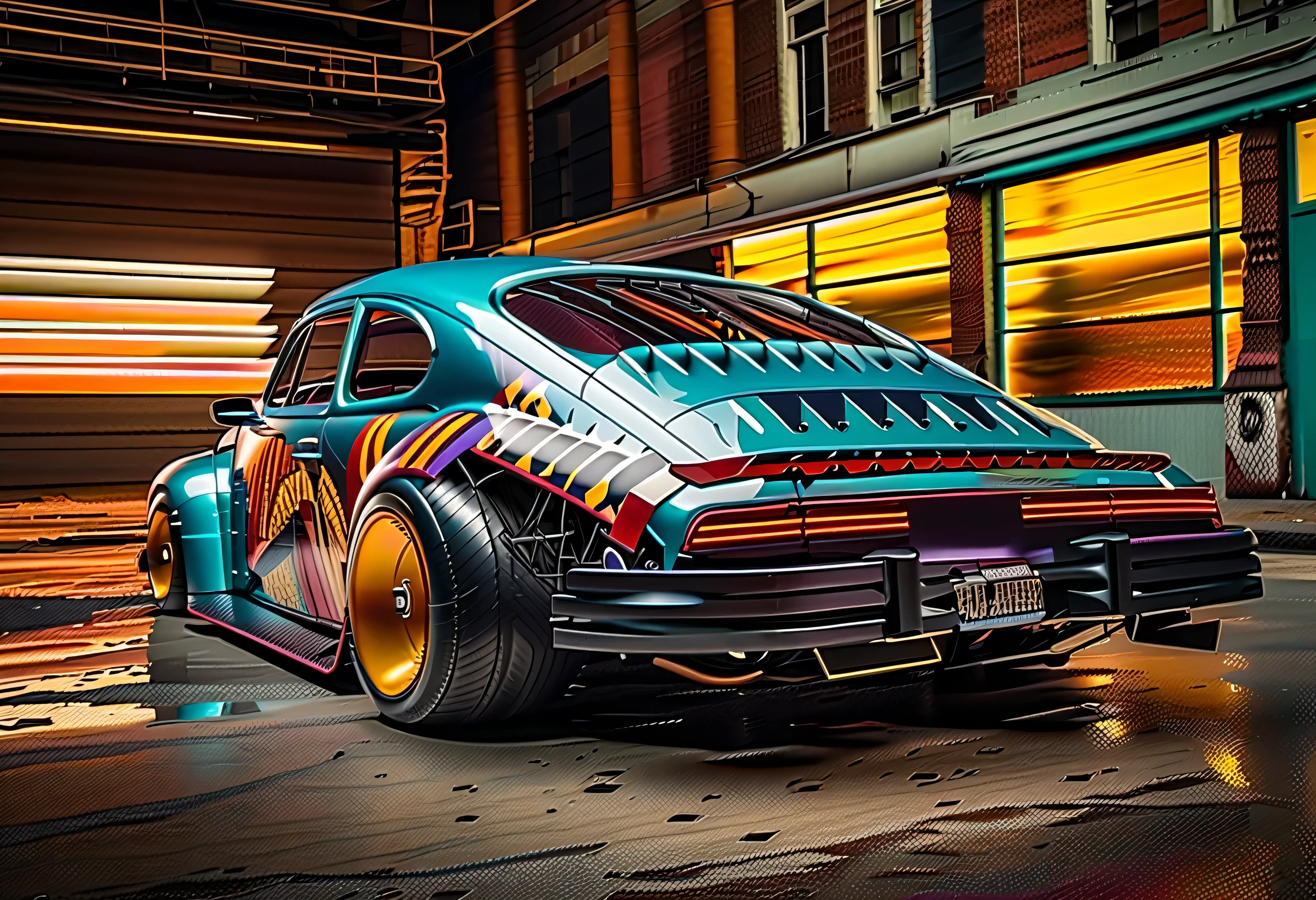 ((best quality, 4k, highres, masterpiece:1.2)), race muscle car "new beetle", ruins, sci-fi, futuristic, cinematic lighting, chiaroscuro, ray tracing, highly detailed, high-quality, mirai, color contrast, atmospheric, dystopian, urban, vibrant colors, shattered glass, dramatic shadows, decaying buildings, futuristic technology, dynamic composition, motion blur, urban decay, dynamic perspective, immersive atmosphere, post-apocalyptic, abandoned, reflections, moody, intense, mystery, advanced design, sleek lines, (powerful engine, speed, danger, adrenaline rush)