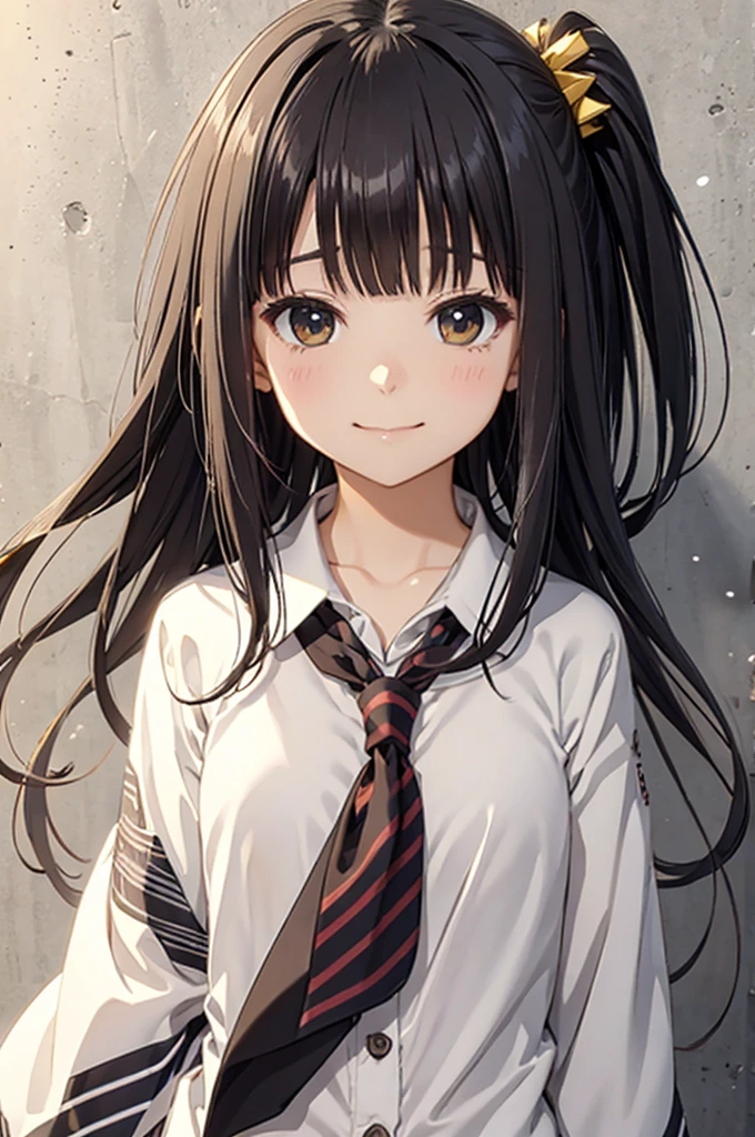 ichigestyle, 1girl, solo, brown hair, heart, hair ornament, school uniform, side ponytail, smile, looking at viewer, neckerchief, upper body, heart hair ornament, cardigan, sailor collar, serafuku, black sailor collar, bangs, yellow eyes, closed mouth, long hair, brown eyes, purple neckerchief, striped background, collarbone, striped, polka dot, star (symbol)