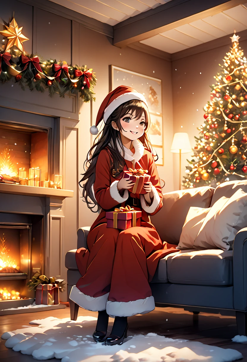 Christmas style, illustration, best quality, festive lighting, glowing effect, aya,1girl, long hair, red santa outfit, white fur trim, gift box in hands, cheerful expression, snow falling, cozy living room, decorated Christmas tree, stockings on fireplace, warm golden lights, vibrant and colorful