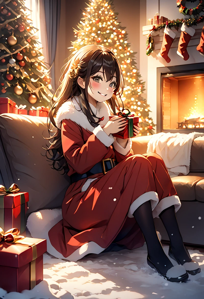 Christmas style, illustration, best quality, festive lighting, glowing effect, aya,1girl, long hair, red santa outfit, white fur trim, gift box in hands, cheerful expression, snow falling, cozy living room, decorated Christmas tree, stockings on fireplace, warm golden lights, vibrant and colorful