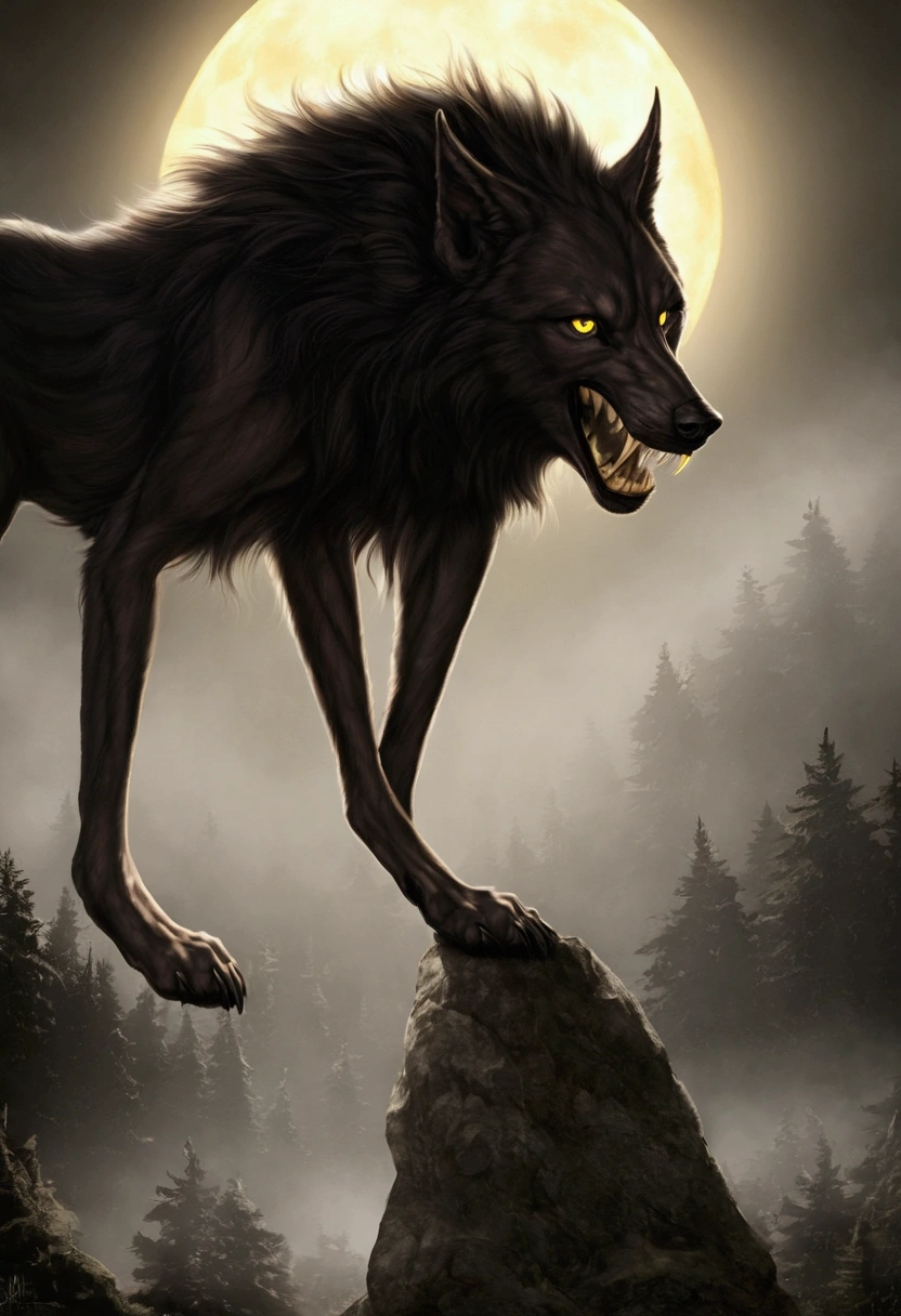 Werewolf under the glow of a full moon, sharp teeth, yellow eyes, dark fur, ultra-detailed, cinematic lighting, moody atmosphere, fur textures, chiaroscuro lighting,cinematic composition,photorealistic,8k,masterpiece,best quality,dark fantasy,award winning concept art