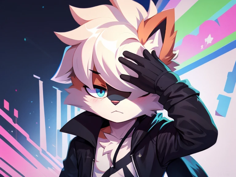 Cute furry boy, hair covering his eyes, detailed body, clothes, multi-colored eyes, black veins, modern art, best quality 