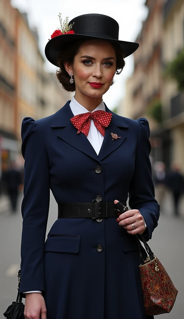 Create a realistic and sexy depiction of Emily Blunt as Mary Poppins. She is wearing a tailored navy-blue coat with a fitted waist and flared hem, buttoned neatly over a crisp white blouse with a red and white polka-dot bow tie at the collar. She holds a black umbrella with a parrot-shaped handle in one hand and an intricately patterned vintage carpet bag in muted tones in the other. Her short, wavy brunette hair is styled neatly beneath a black straw boater hat adorned with a small red flower and delicate berries. Her makeup is classic, with rosy cheeks and soft red lipstick, complementing her warm, refined look. The background is an Edwardian London street scene, softly lit to evoke a magical and nostalgic atmosphere



