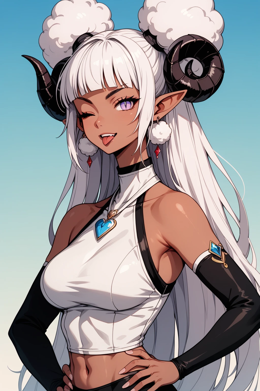 1girl, solo, (flat anime style: 1.2), bust portrait, dark-skinned tomboy, curvy body, medium breasts, very long ears, pointy ears, light purple eyes, slit dragon eyes, side afro puffs hairstyle, white blunt bangs, (white hair: 1.35), (very large black ram horns: 1.2), sapphire jewelry and earrings, white halter crop top, black arm sleeve, hand on hip, dynamic pose, mischievous expression, playfully poking out tongue, (winking at viewer: 1.35), gradient background