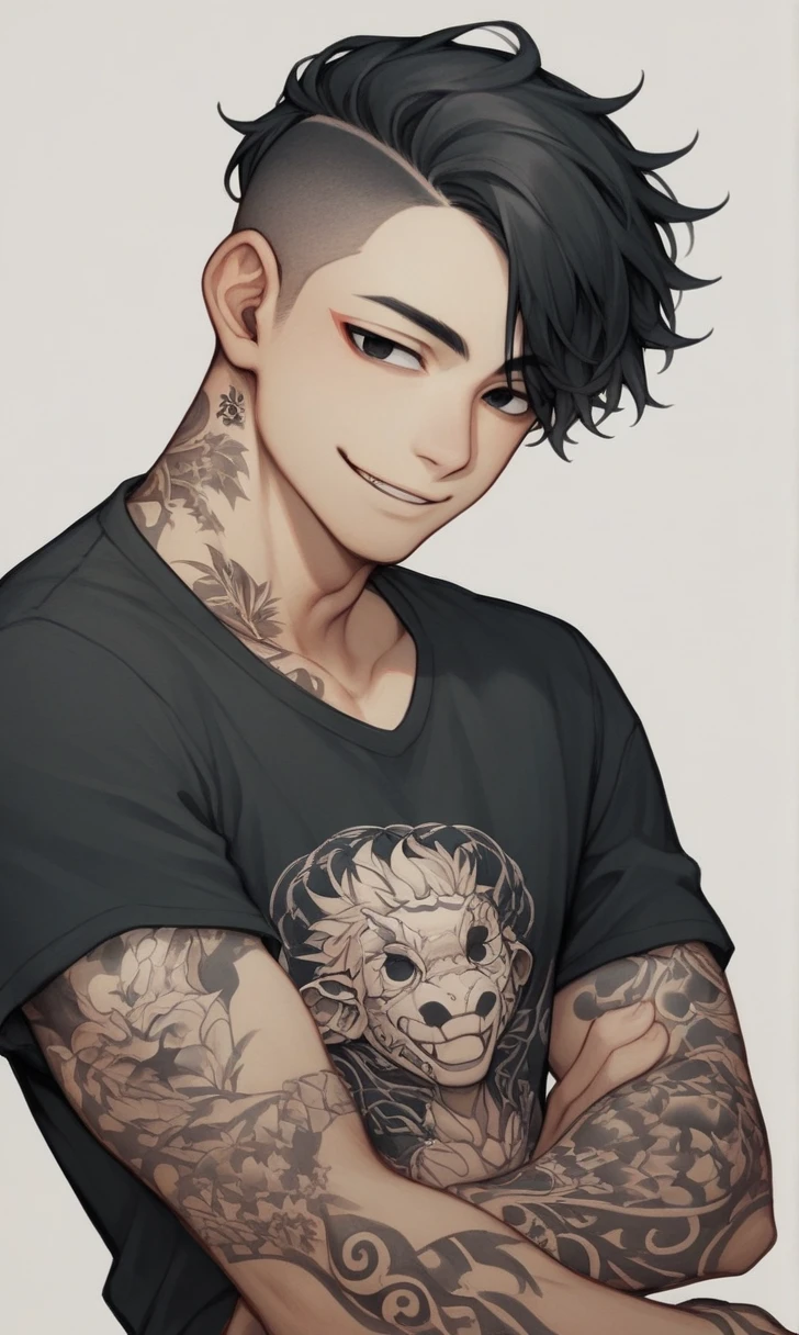 score_9, score_8_up, score_7_up, r1s0, 1boy, Asian boy, gentle smile, black eyes, black t-shirt, whole body tattoo, traditional japanese tattoo, detail face, black hair, charming boy, undercut hairstyle